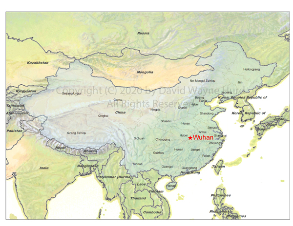 Map of Chinese Provinces indicating geographic location of the city of Wuhan in the Hubei Province